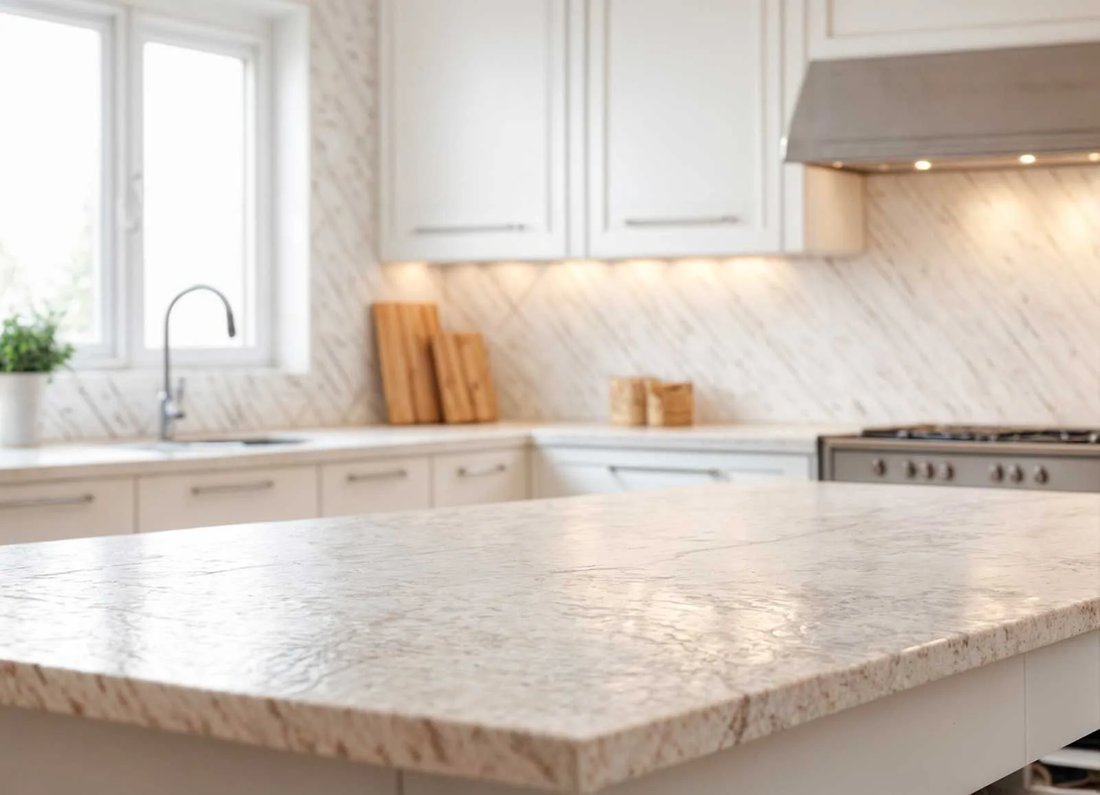 White shaker kitchen with granite worktops and a marble herringbone backsplash